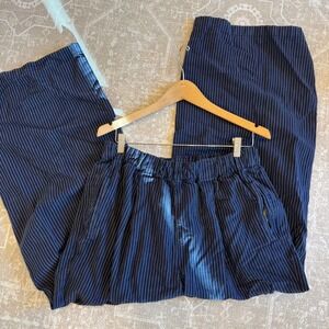 Aerie Wide Leg Pinstripe Pants Navy Blue White Casual Lounge Size L Regular